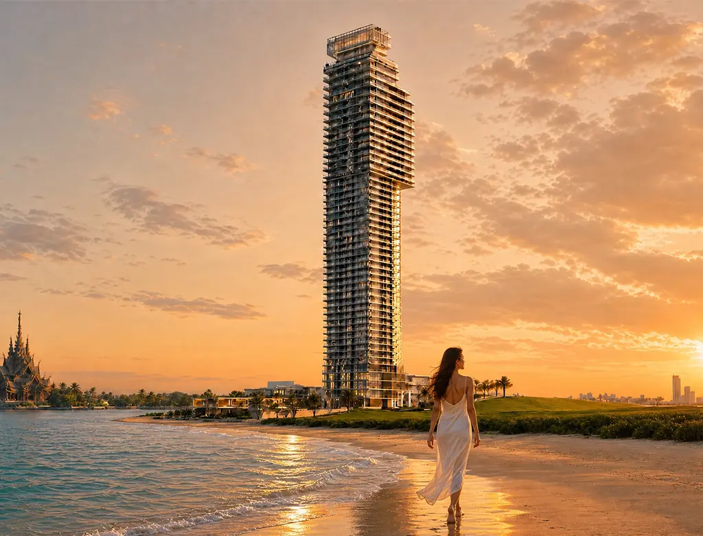 Woman in a white dress walks along a sandy beach toward a tall, under-construction skyscraper at sunset.