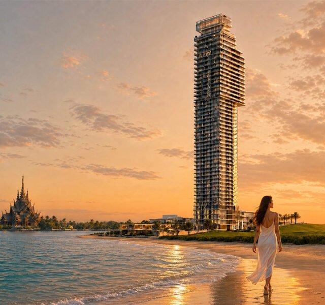 Woman in a white dress walks along a sunset beach with a tall unfinished skyscraper and a distant temple on the left.