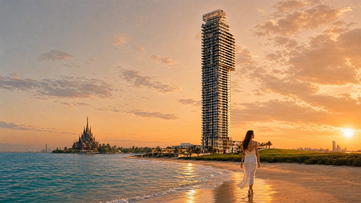 Woman in a white dress walks along a sunset beach with a tall unfinished skyscraper and a distant temple on the left.